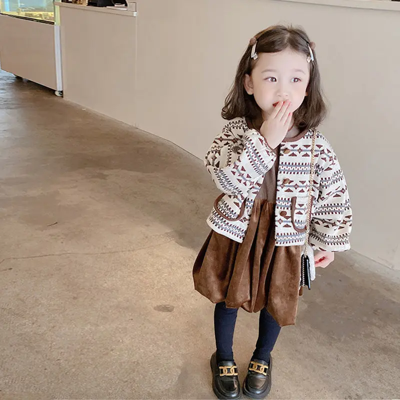 Girls Spring Autumn Set 2022 New Korean Style Knitted Retro Style Dress Cotton Two-Piece Set Fashion Baby