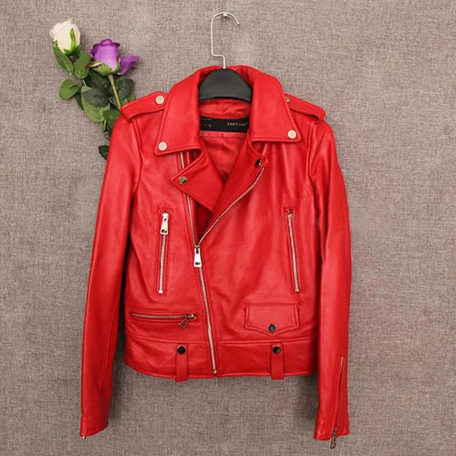 Luxury brand Red s Real Sheepskin Leather Coats Women's Short Coat Slim Genuine Motorcycle Jacket Zm1520