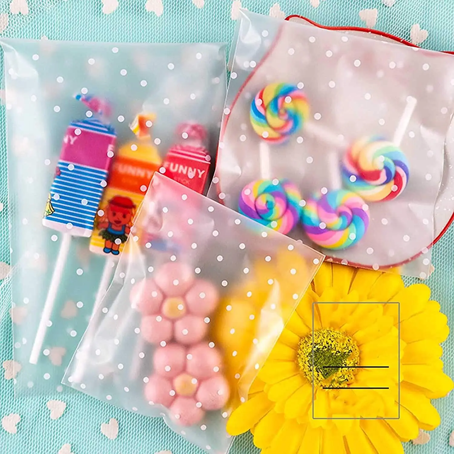 

100pcs Self Adhesive Cookie Bags Cellophane Treat Bags White Dot OPP Plastic Pastry Bags Party Bag for Bakery Candy, Soap, Cooki