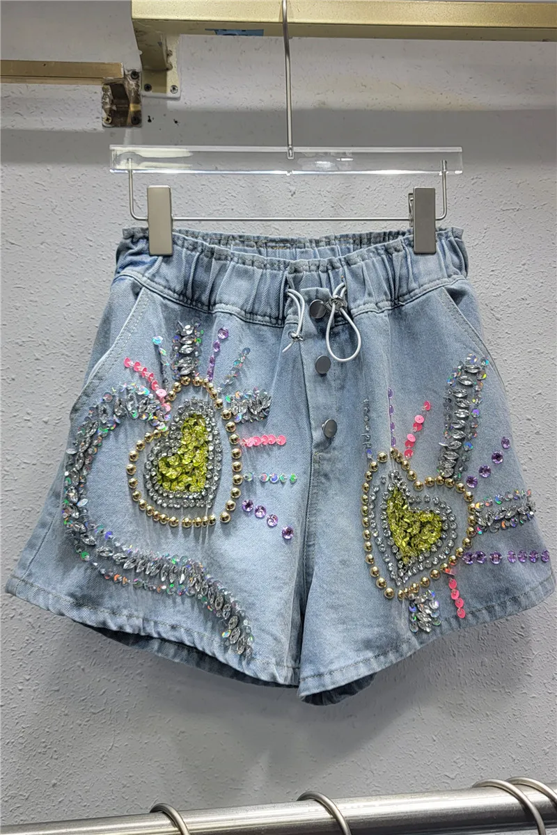 2023 Summer New Exquisite Rhinestone Beaded Sequins Short Pants High Waist Slimming Wide-Leg Denim Shorts Jeans for Women