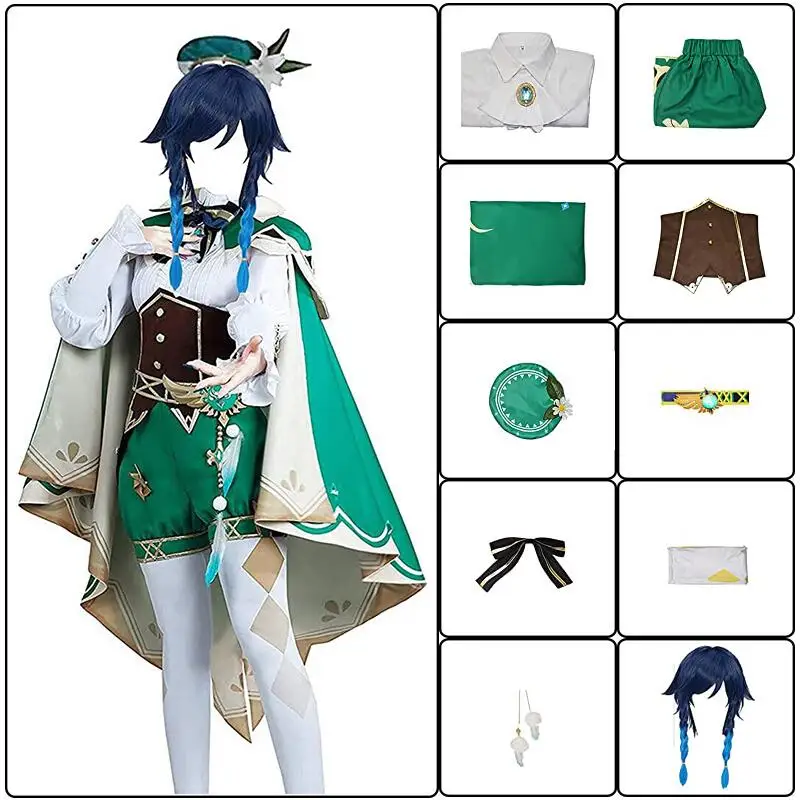 Костюм для косплея Venti парик шляпа плащ аксессуар костюм Хэллоуина женщин и