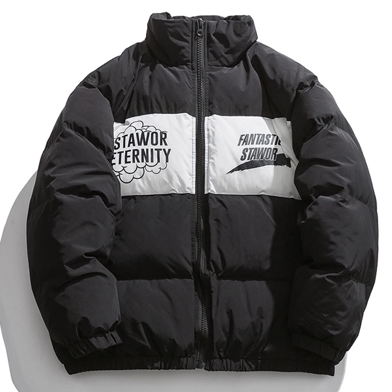 Autumn and Winter Stand Collar Down Jacket Men's High Street Printing Loose Casual Thick Cotton Jacket Women's Loose Windbreaker