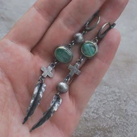 green stone earrings punk cross feather metal pendant tassel earrings womens cross border retro earrings new