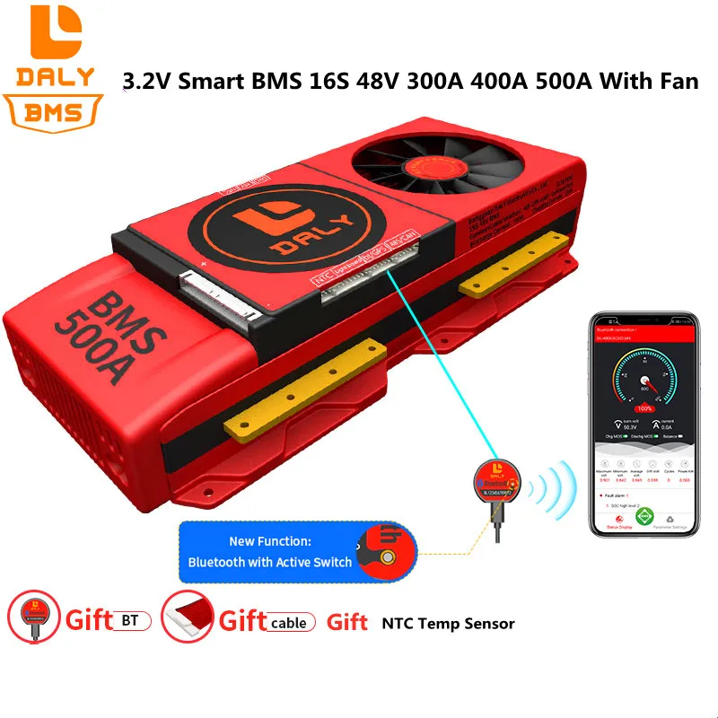 

LiFePO4 Smart BMS 16S 48V 300A 400A 500A BMS With NTC Bluetooth UART RS485 CAN For 3.2V 18650 32700 Battery Pack With Fan