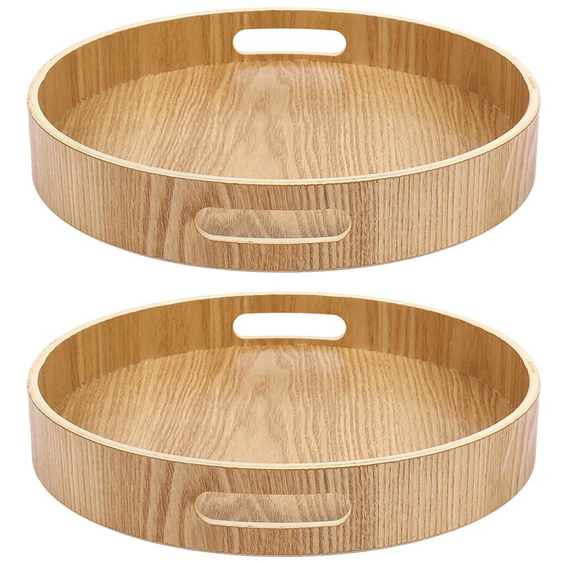 

Promotion! 2X Round Serving Bamboo Wooden Tray For Dinner Trays Tea Bar Breakfast Food Container Handle Storage Tray 2