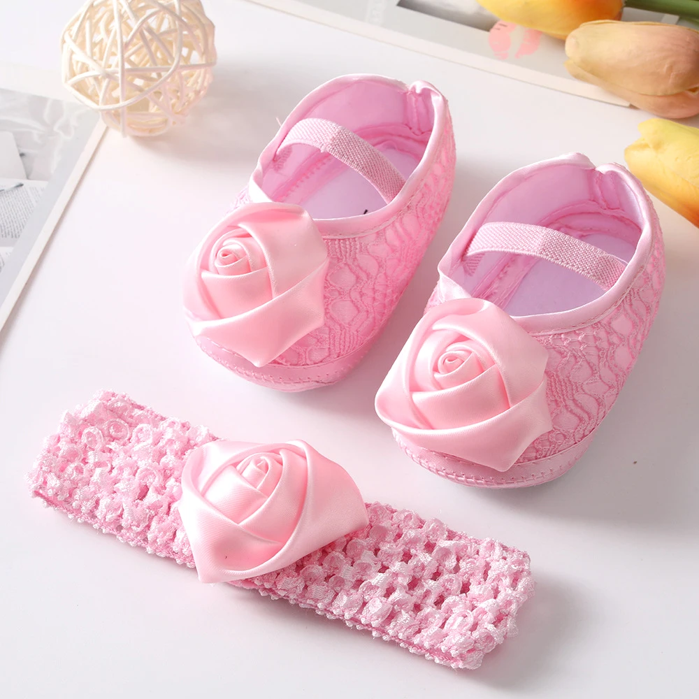 

Newborn Baby Shoes Baptism White Bowknot Baby Girl Lace Shoes Headband Set Toddler Prewalker Cute Baby Soft Shoes for 0-18M Kids