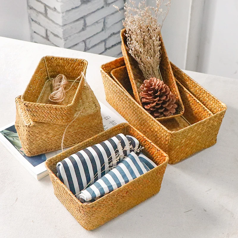 

LuanQI Hand-Woven Rattan Wicker Basket Fruit Tea Snack Bread Basket Cosmetic Rectangular Storage Box Household Kitchen Supplies