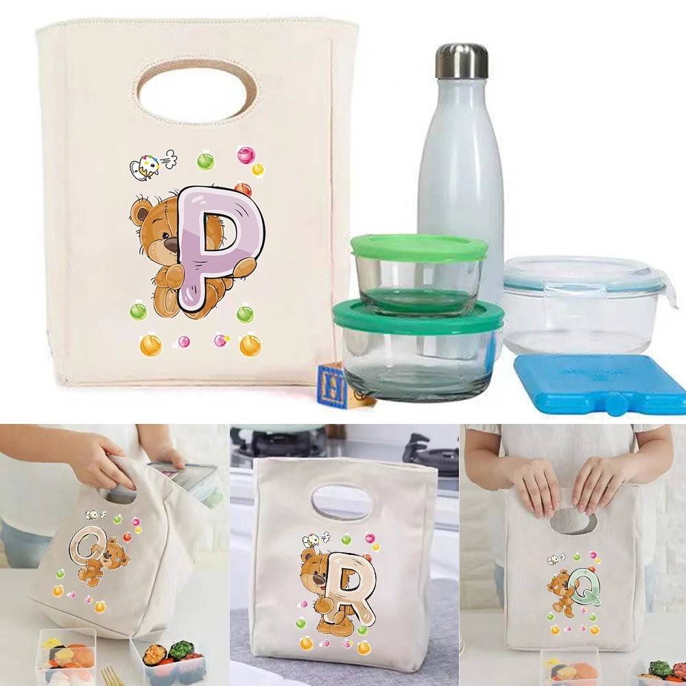 

Thermal Lunch Bag Canvas Tote Bag Storage Meal Bags Women Bag,Harajuku Bear Letter Print clutch Eco Storage Shopper Bags 2022