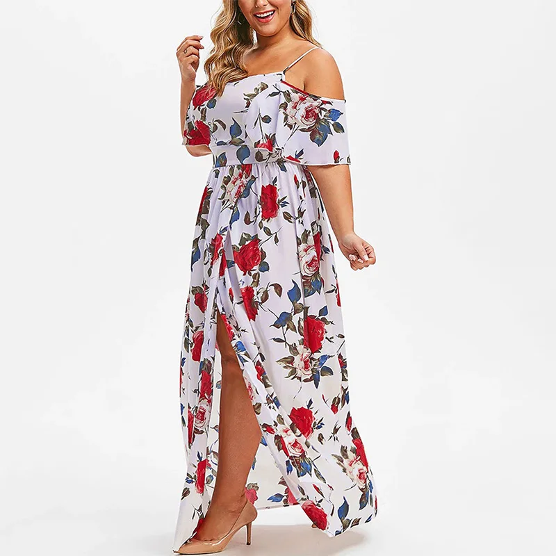 Bohemian Off Shoulder Floral Print Short Sleeve Summer Casual Plus Size Clothes High Waisted Women Slit Slip Ankle-Length Dress