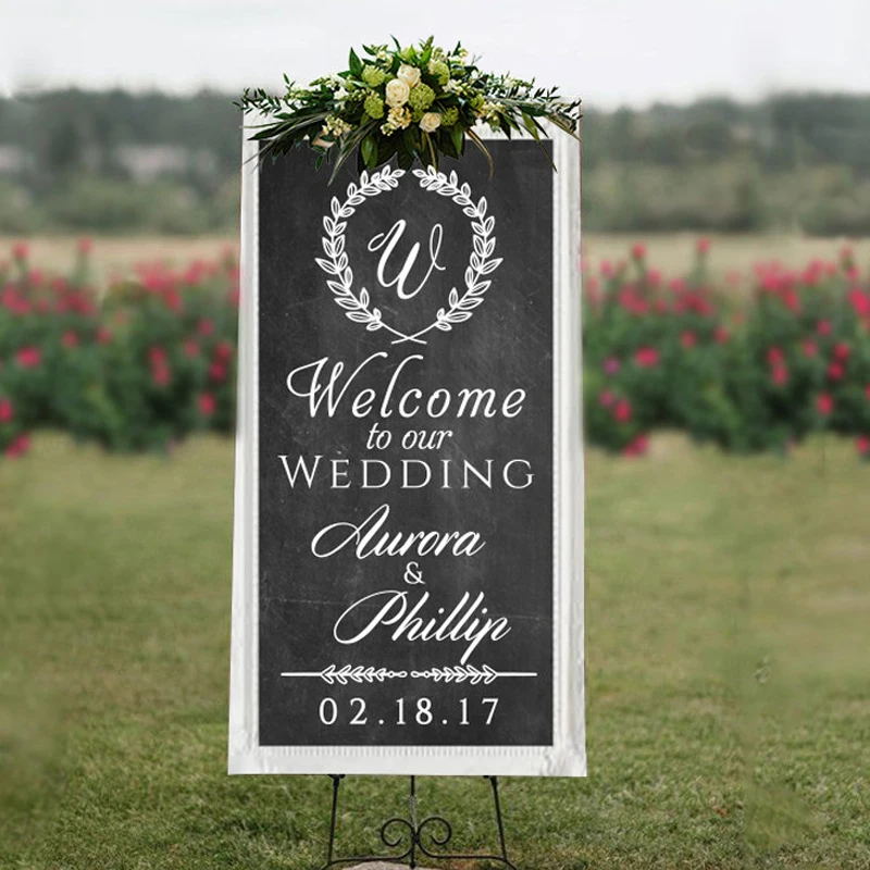 

Wreath Design Sticker Wedding Weclome Sign Board Sticker Custom Bride Groom Names Vinyl Decal Decor Wedding Ceremony Decoration