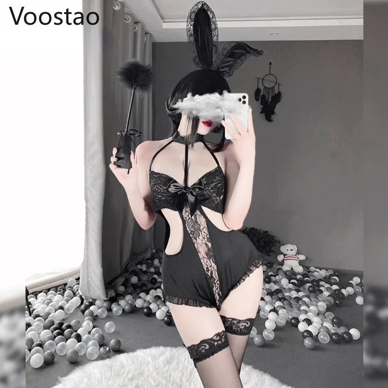 

Sexy Cute Bunny Costumes Temptation Transparent Lace Jumpsuit Halter Hollow Bowknot Lingerie Rabbit Uniform Cosplay Maid Sets