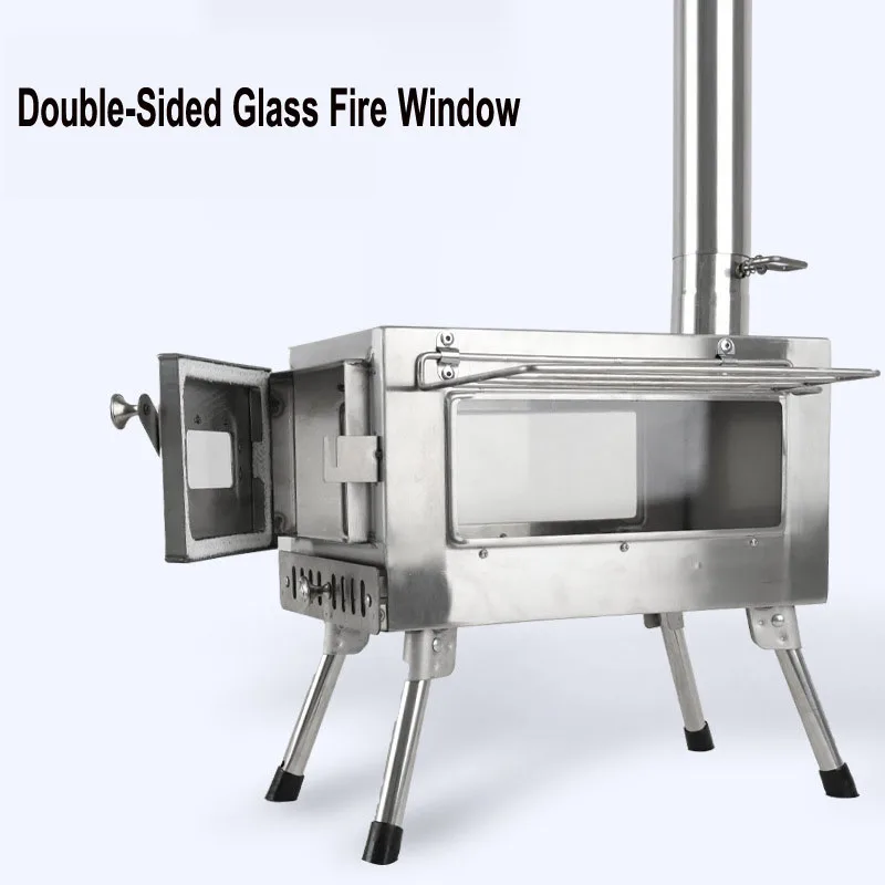 

Portable Camping Tent Stove with Glass Window Panel Outdoor Fire Wood Heaters Quick Release Backpacking Hiking Burned Stove
