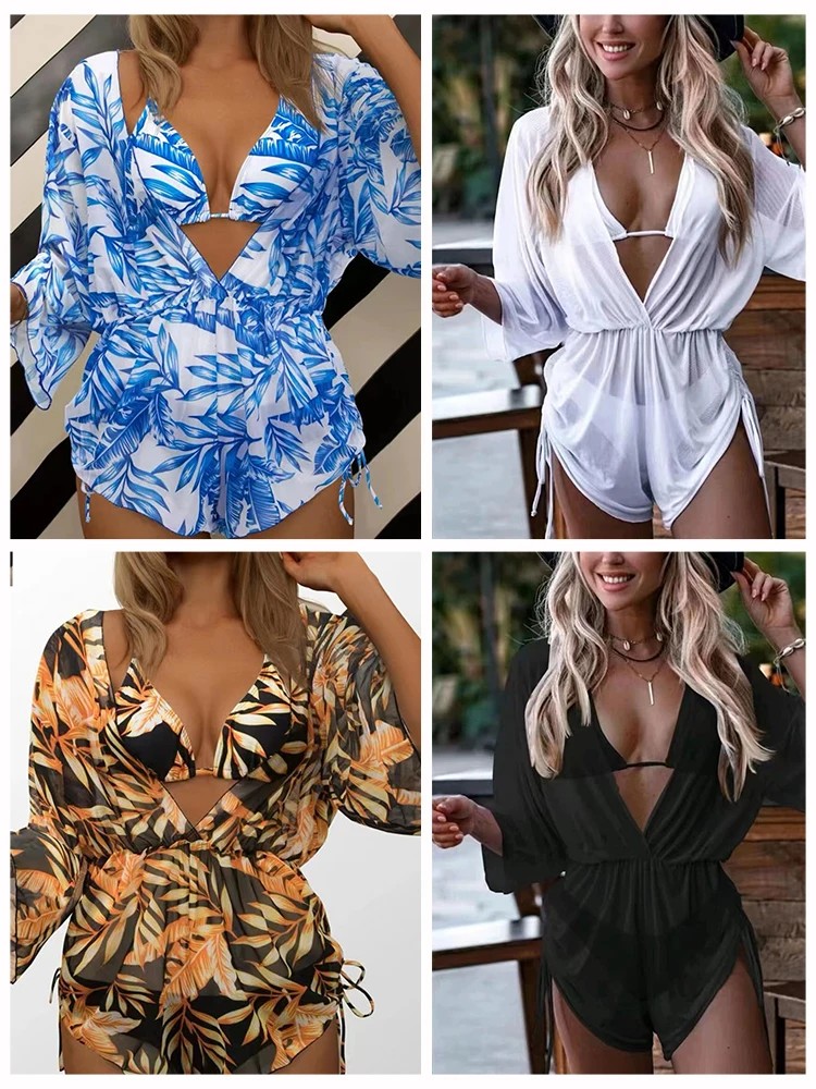 

Sexy Three Pieces Bikini 2023 Women Leaves Printed Swimsuit Lace-up Halter Swimwear With Waist-Controlled Beach Cover Up XL