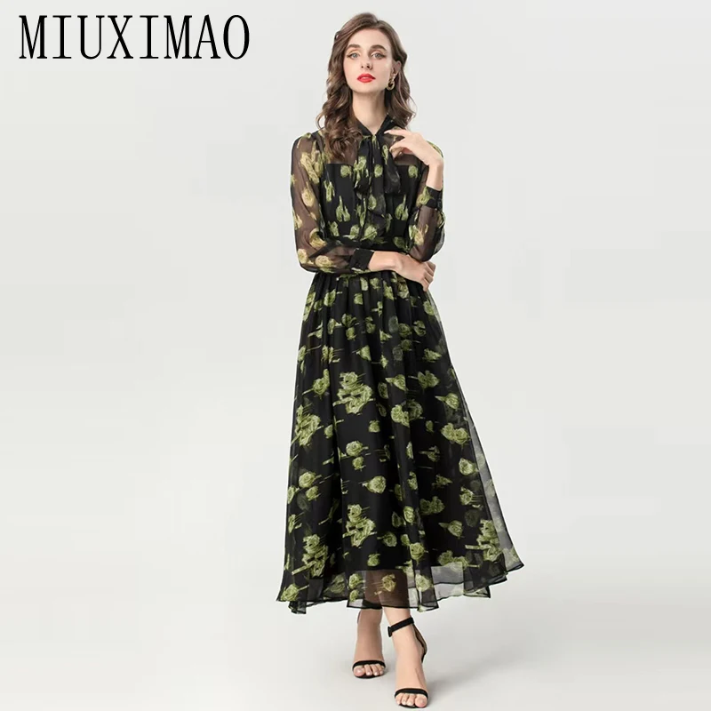 Фото MIUXIMAO 2021, осеннее платье, модное пышное платье, зеленое длинное платье с цветочным принтом и длинными рукавами, черное платье, женское платье с бантом №1