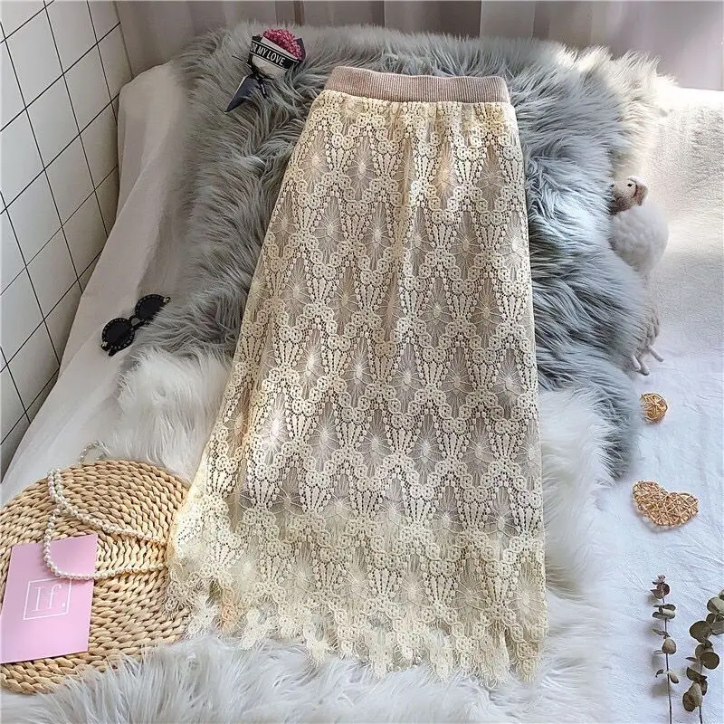 Корейская мода осень женская однотонная эластичная кружевная ажурная одежда с