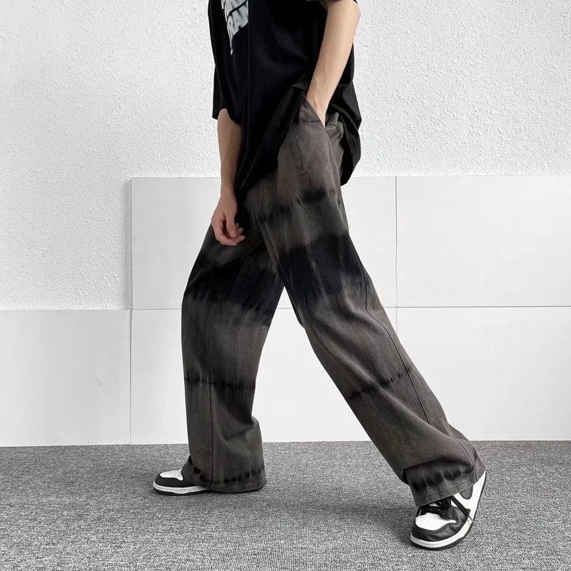 Grey Tie Dye Baggy Jeans Men Fashion Retro Casual Wide Leg Jeans Mens Japanese Streetwear Hip Hop Loose Denim Pants Men Trousers