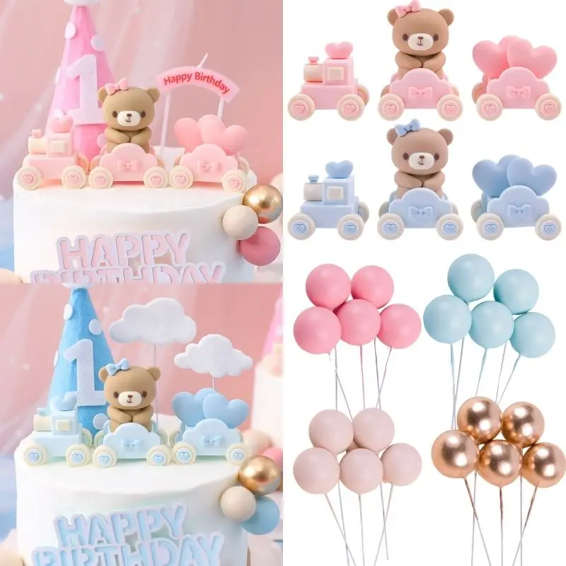 Birthday Cake Topper Cute Pink Blue Baby Bear Train Boy Girl 1st Birthday Party Cake  Decor Balls Insert baby shower supplies
