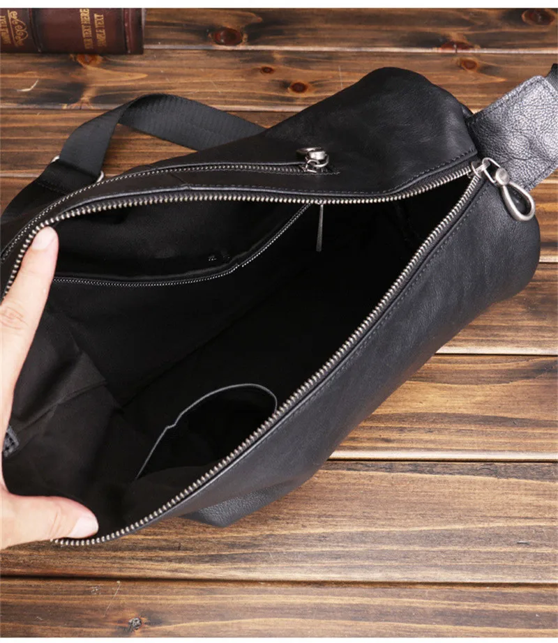 Simple Casual luxury Natural genuine Leather Men Black Bucket Bag Outdoor Daily Teen Work Weekend Party Soft cowhide Chest Bag