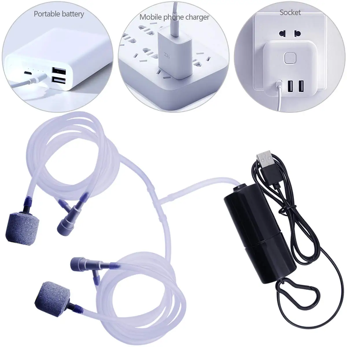USB Aquarium Air Pump Portable Fish Tank Silent Compressor Aerator Small Quiet Oxygen with Accessories 5v 1W |