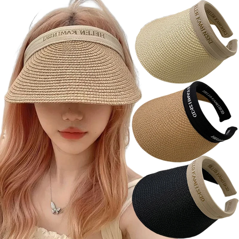 

Summer Straw Sun Hats for Women Empty Top Women Beach Caps Large Brim UV Protection Cap Raffia Panama Visors Casual Chapeau