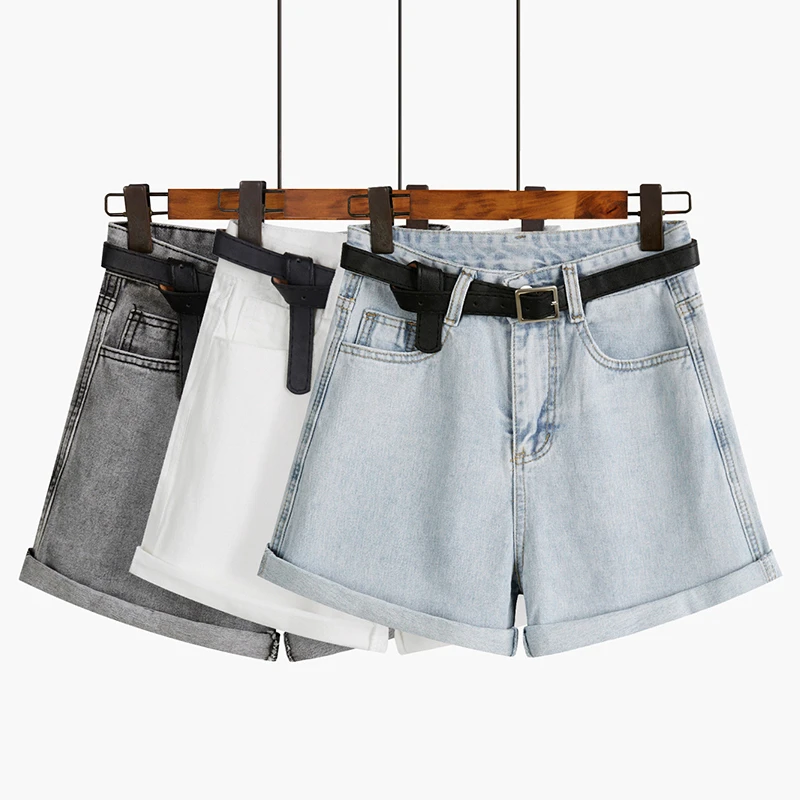 

Summer New Fashion High Waist Button Women Wide Leg Jeans Shorts Casual Loose Belted Female Solid Denim Shorts 2021