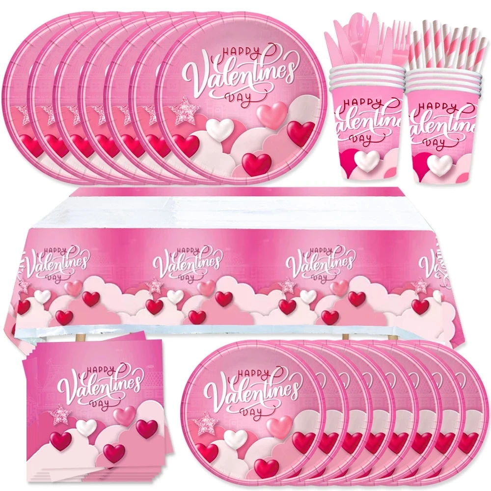 

Happy Valentine's Day Theme Party Supplies Pink Disposable Tableware Set Paper Cups Napkins Plates Banners Birthday Decoration