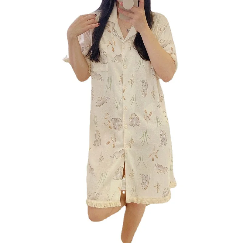 QWEEK Gauze Rabbit Print Nightie Cardigan for Women Kawaii Cotton Sleepwear Korean Style Loungewear Sweet Night Dress