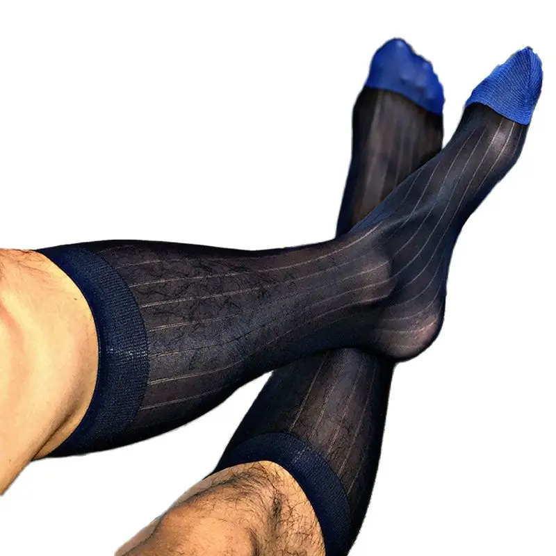 Reinforced Toes Blue Toes Thin Toe Part  Calf Socks Male Masculine Vigor Man Strips Mesh Nylons Dressing Gay Socks