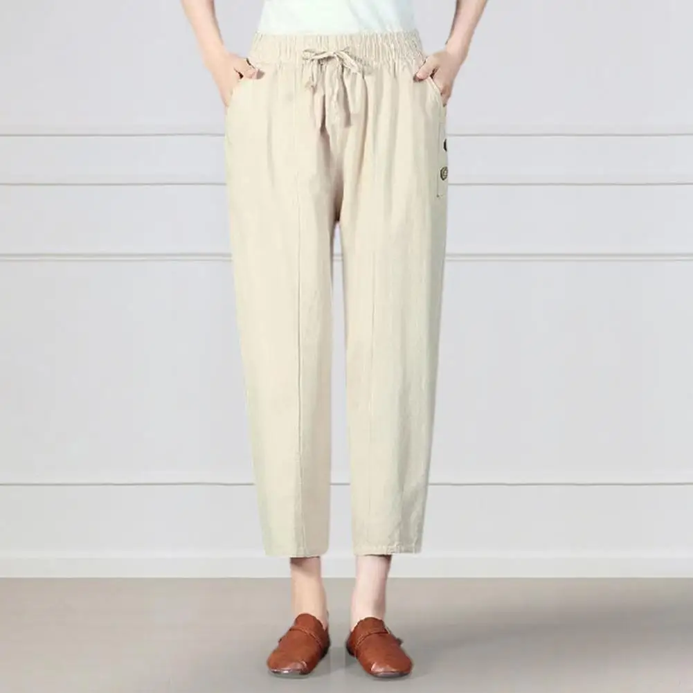 

Women Pants Elastic Waist Straight Lady Trousers Loose Drawstring Summer Pants Solid Color High Waist Casual Harem Pants