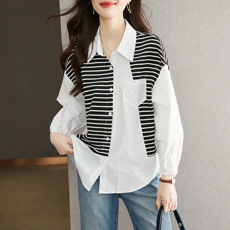 Женская Асимметричная рубашка в полоску черно-белая блузка составного кроя с