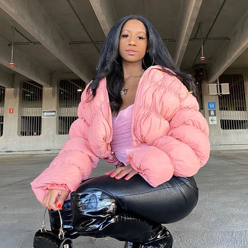 WeiYao Parkas Winter Jacket for Women Long Doughnut Sleeves Stand Collar Zipper Coat Women Winter Oversize Jackets Puffcoat Pink