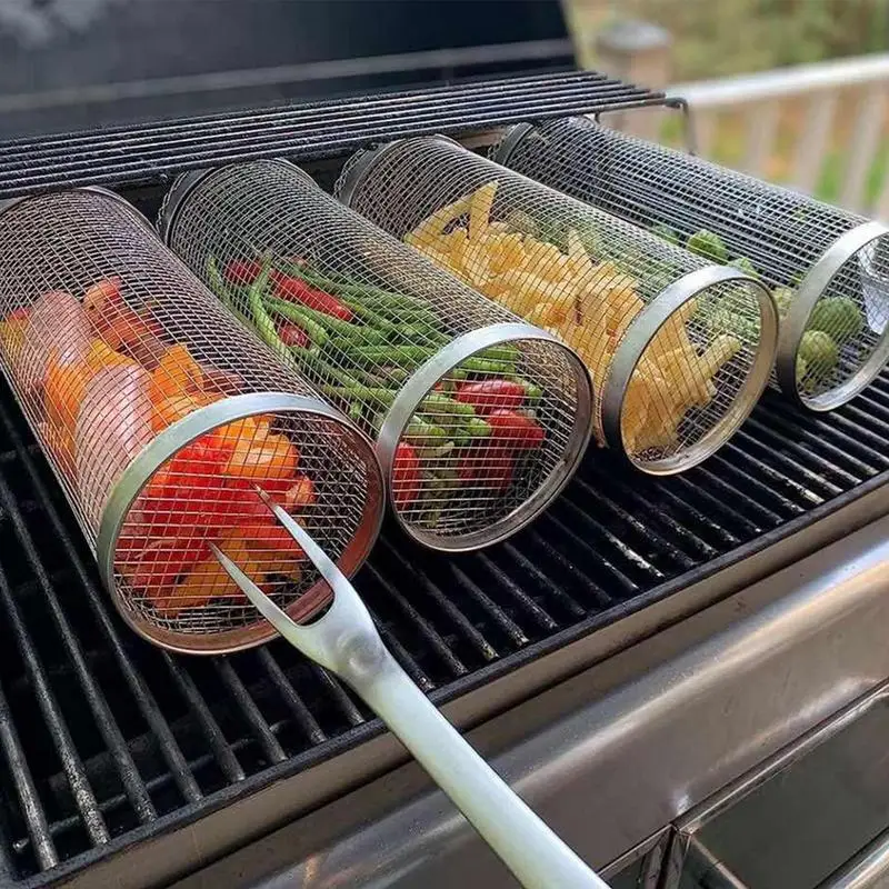

Корзина для гриля и барбекю, из нержавеющей стали, в форме цилиндра, для мяса, детской корзины для стейка, сетка для гриля, для отдыха на открытом воздухе, путешествий, кемпинга