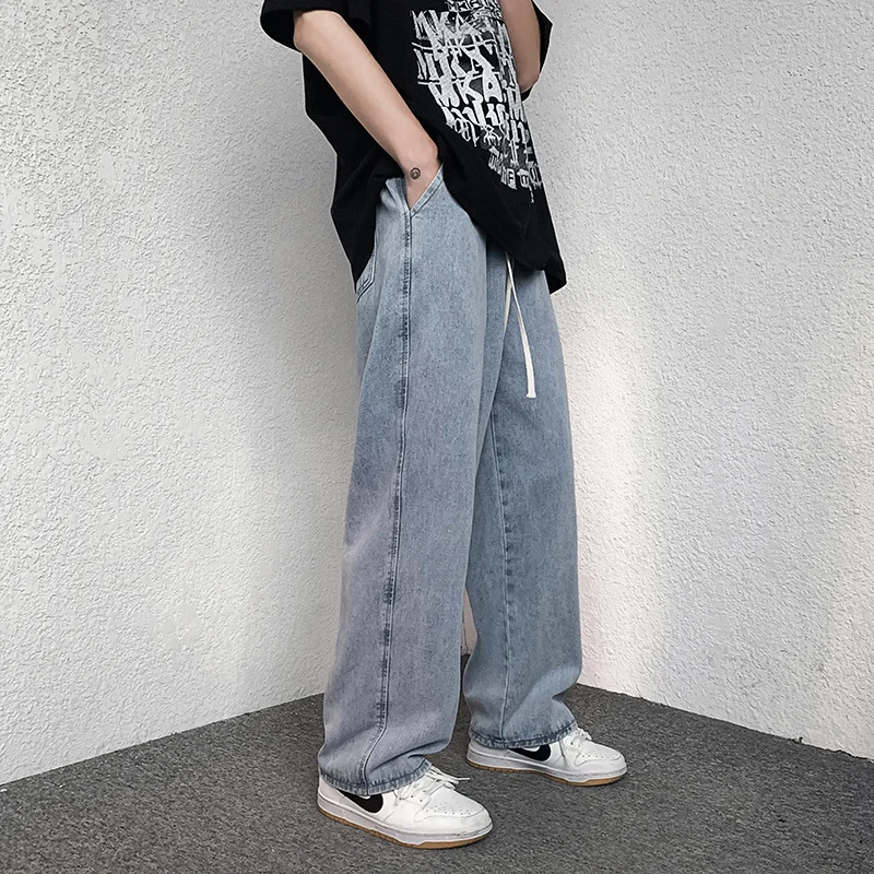 Blue Black Drawstring Baggy Jeans Men Fashion Casual Wide Leg Jeans Men Streetwear Loose Hip Hop Straight  Denim Pants Men M-5XL