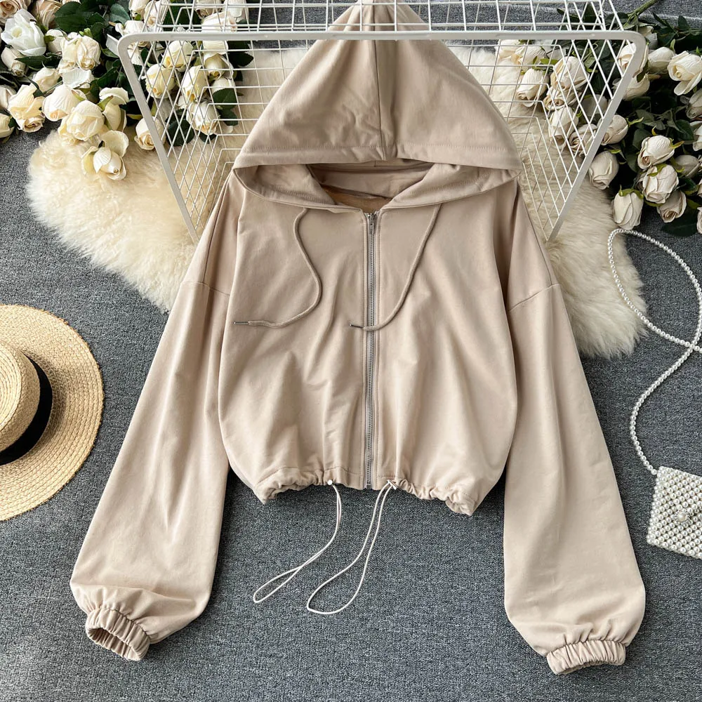

High-quality Fried Street Drawstring Hooded Short Sweater Jacket Women's Autumn New Loose Short Long-sleeved Top Trendy
