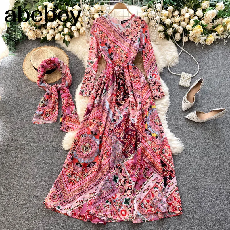 Chiffon Print Maxi Dress Women French Retro O Neck Long Sleeve A-line Dress Autumn Boho Holiday Long Dress+Silk Scarf