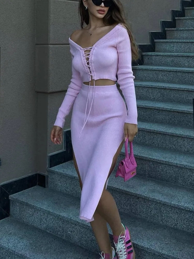 

TARUXY Side Slits Maxi Skirt Sets Women Lace Up Sexy Slim Crop Tops Femme Street Fashion Skirts 2 Piece Suits Womens Outfits