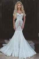 2022 vintage lace appliqued mermaid wedding dresses spaghetti open back beach bohemian sweep train custom made bridal gown