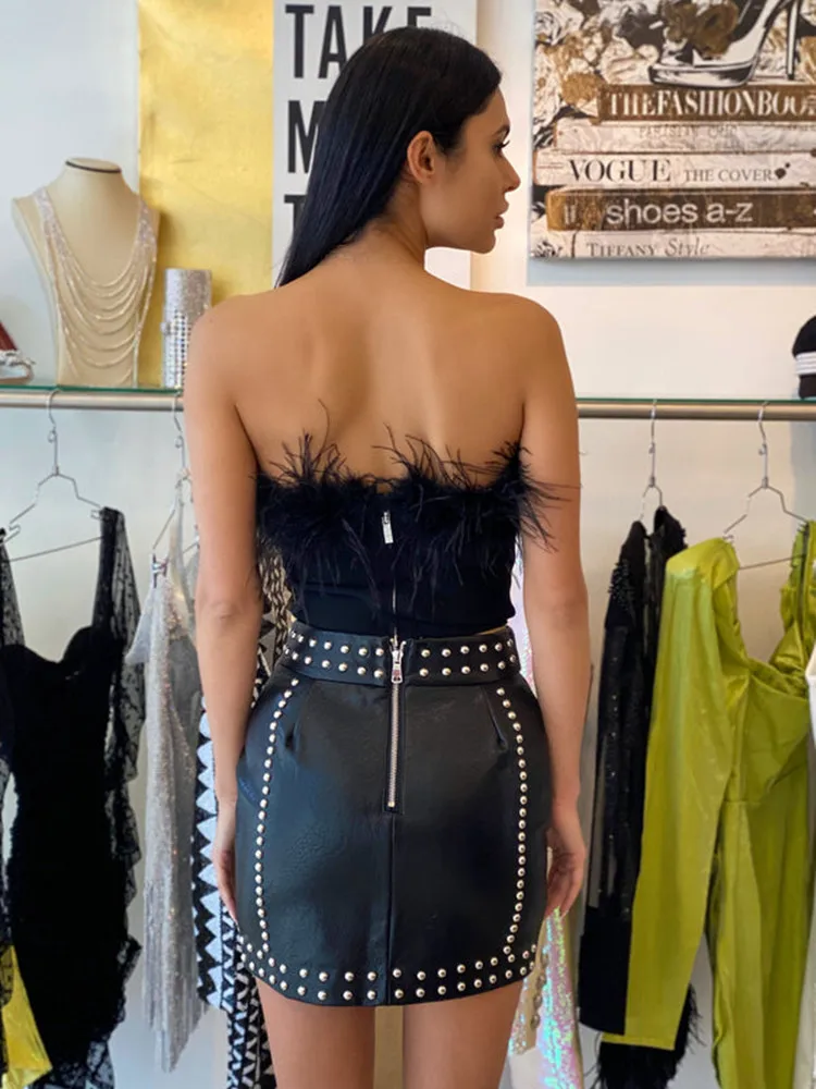 Топ-бандо женский с отделкой перьями пикантная Майка без бретелек винтажный