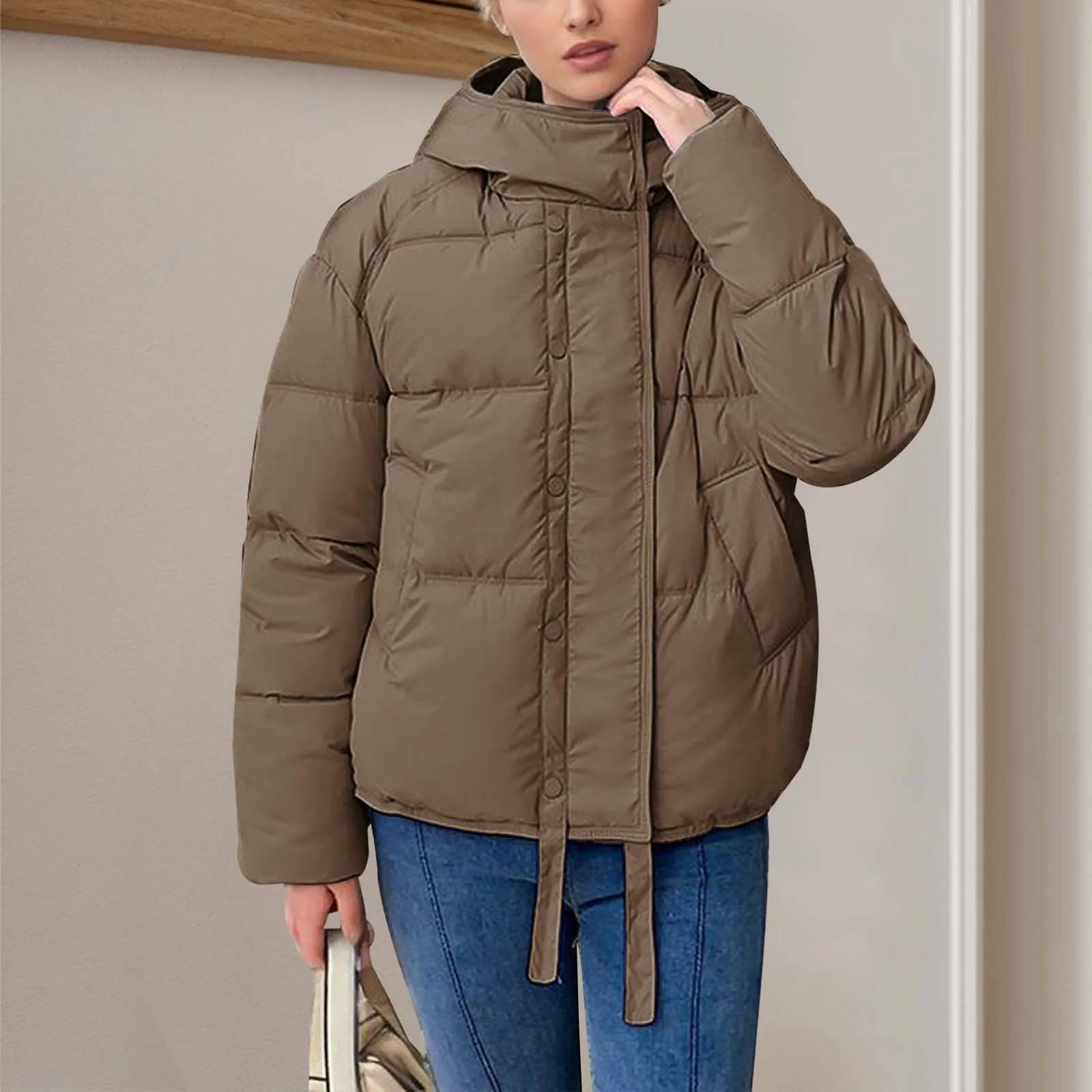 

Women's Winter Solid Color Fashion Warm Hooded Cotton Jacket With Drawstring Pullovers Female clothing korean style clothes