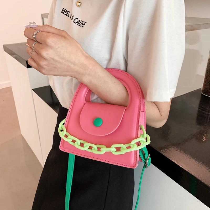 Contrasting Colors Mini PU Leather Shoulder Crossbody Bags for Women Fashion Brand Designer Ladies Handbags 2023 Candy Chain