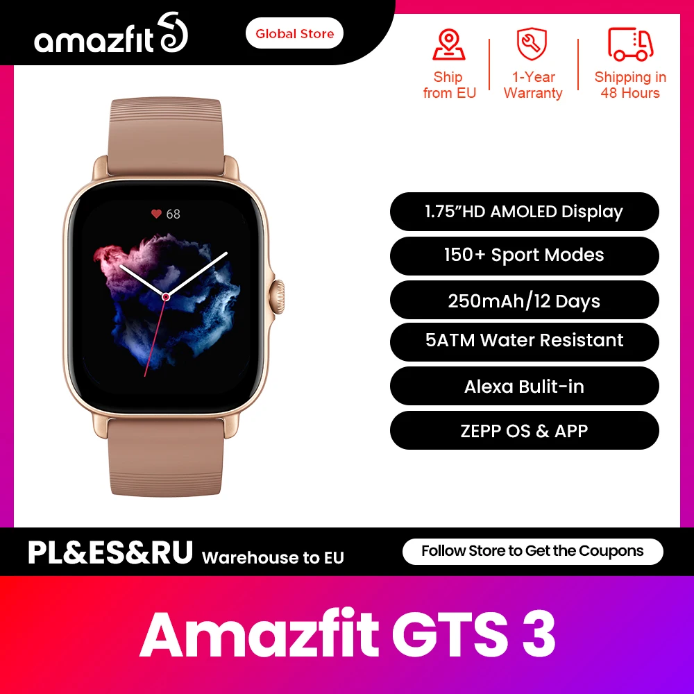 

New Amazfit GTS 3 GTS3 GTS-3 Smartwatch Alexa Built-in GPS 5 ATM Waterproof Female Cycle Monitoring Smart Watch for Android IOS