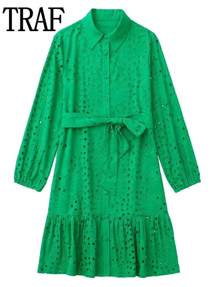 Зеленое женское платье TRAF 2022 короткие платья с пышными рукавами для женщин