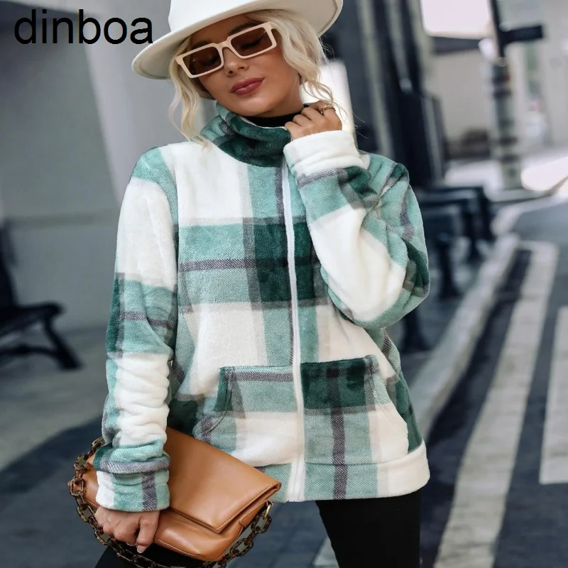 

Dinboa-women Y2k Jackets Double-sided Fleece Coat Zipper Hoodie Female Oversized Elegant Plaid Woman Fashion Cardigan Winter
