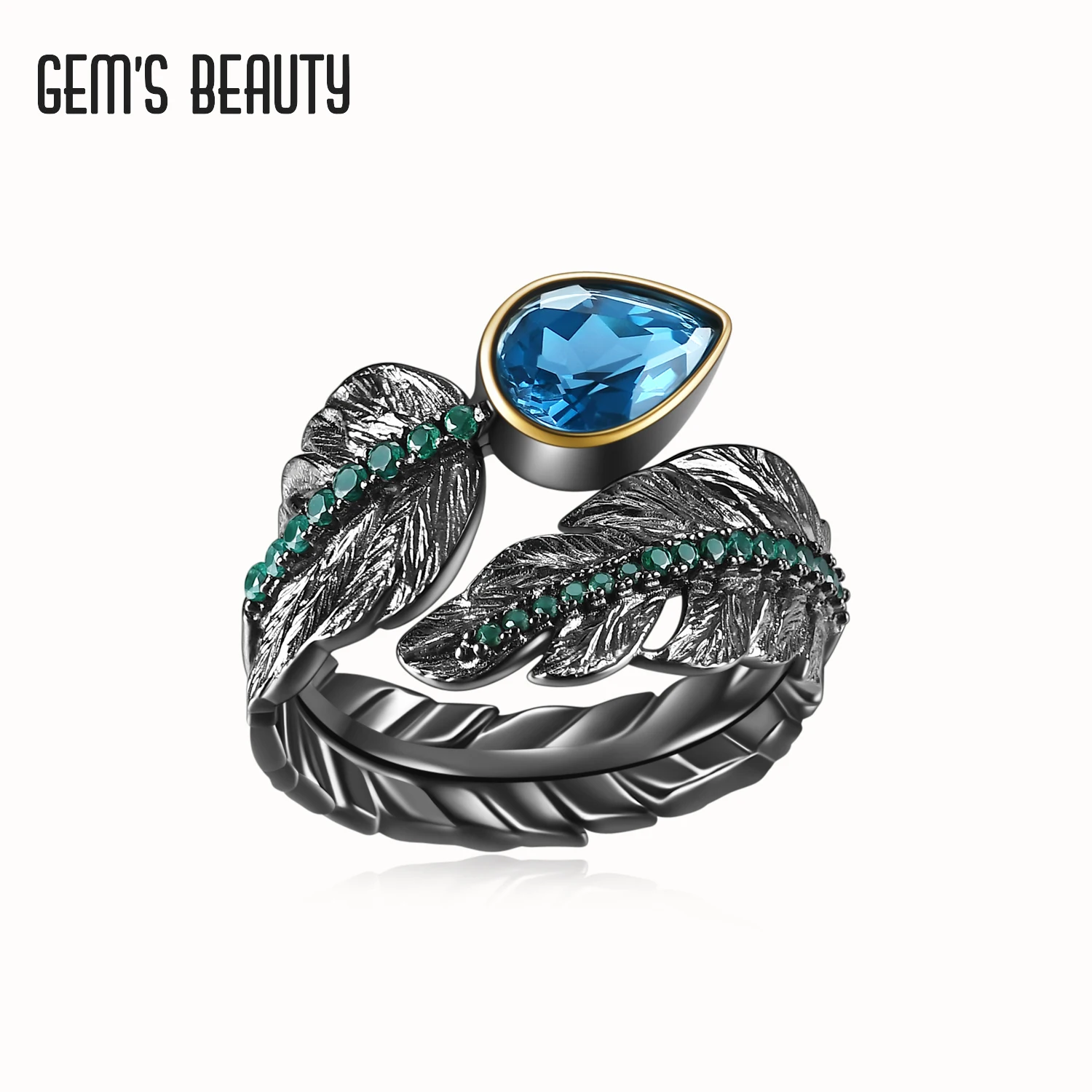 

GEM'S BEAUTY 925 Sterling Silver Feather Rings For Women Natural Pear Cut London Blue Topaz Handmade Bypass Rings Romantic Gift