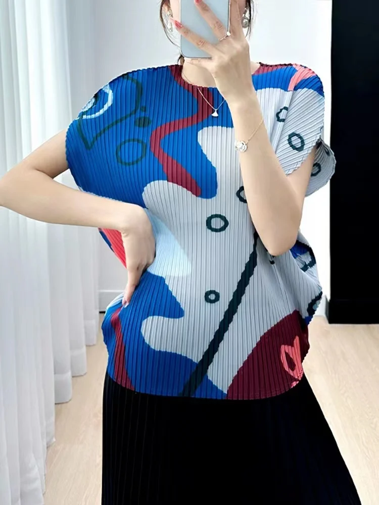 

Miyake Pleated Women Casual Top Pleated Blouse O Neck Designer Top 2023 Autumn Loose Plus Size Three Quarter Sleeve Top Fashion