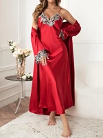 embroidery appliques belted satin robe cami dress pj set
