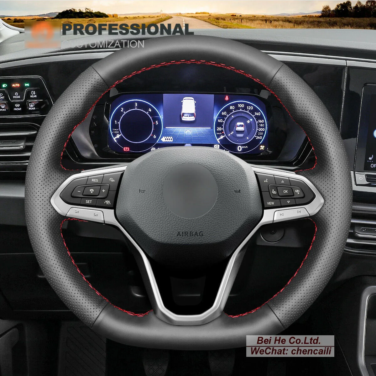 

Customized Non-slip Durable Black Leather Suede Car Steering Wheel Cover for Volkswagen VW Arteon Atlas Taos ID.4