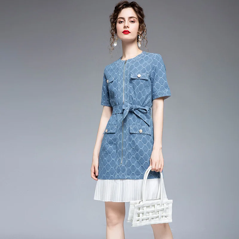 

Женское джинсовое платье во французском стиле, элегантное праздвечерние чное платье с поясом, карманами, коротким рукавом и молнией