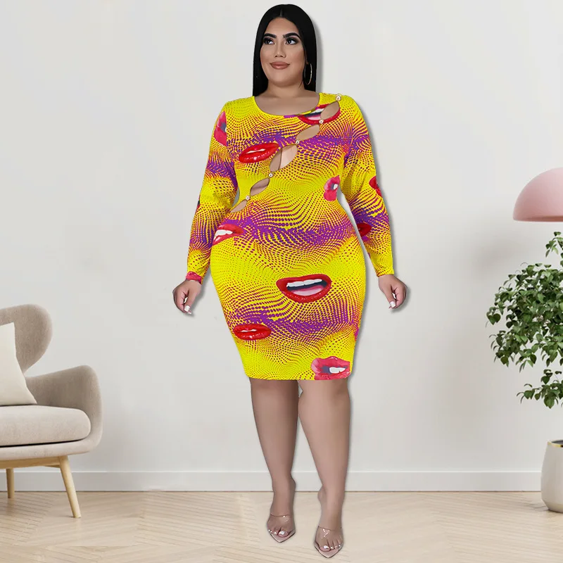 

plus size dress O-Neck Hollow out printing knee-length long sleeve dresses for women Sexy & Club party dresses Slim Fit Sheath