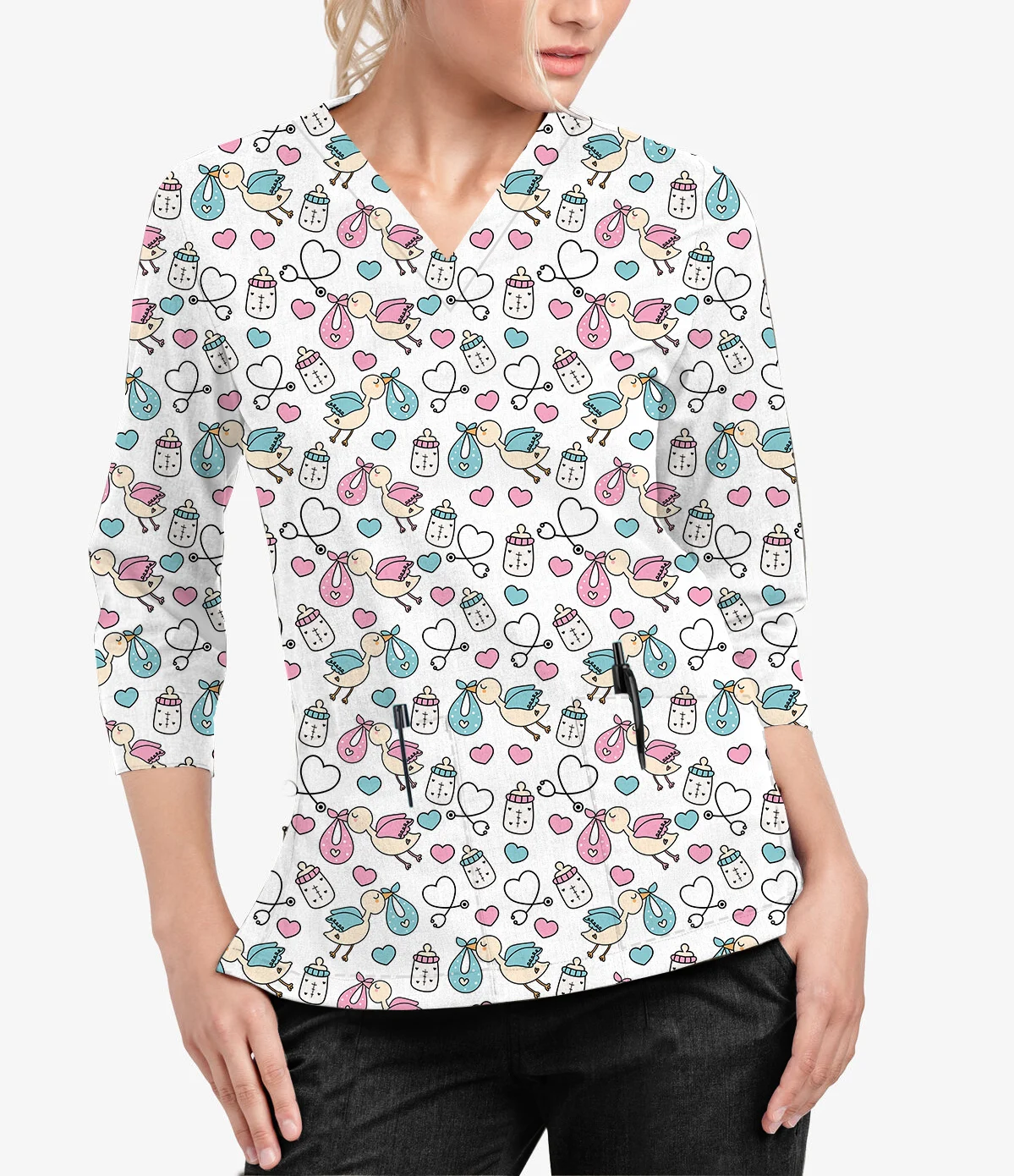 

2024 New Spring and Autumn Cartoon Printed V-neck Women's 3 Pockets 3/4 Sleeve Dental Scrub Tops Nursing Work Uniform Tops